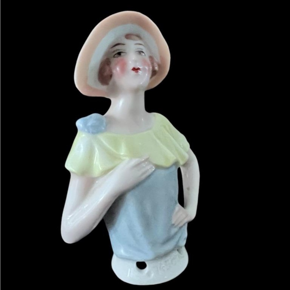 Antique 1920s German Art Deco Porcelain Flapper Half Doll Pin Cushion | #74507